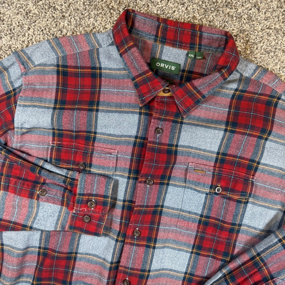 Orvis Fairbanks Men XXL Red Grey Plaid Flannel Button Down Shirt Classic Fit